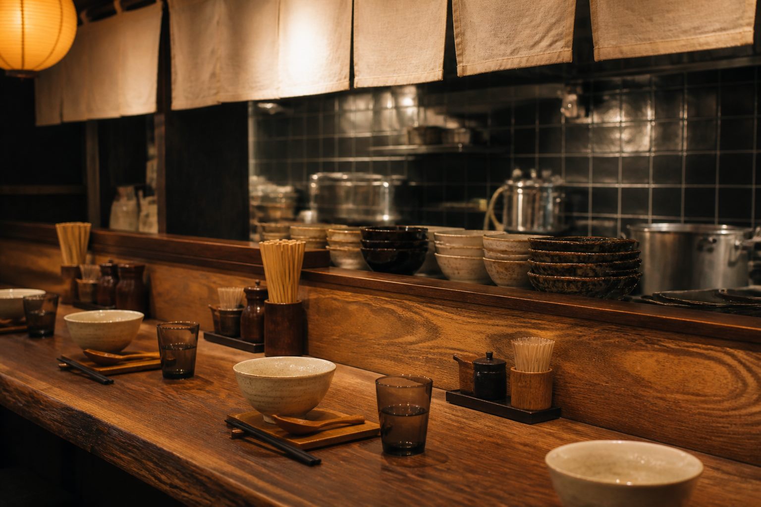 Restaurant counter and kitchen details in warm light
