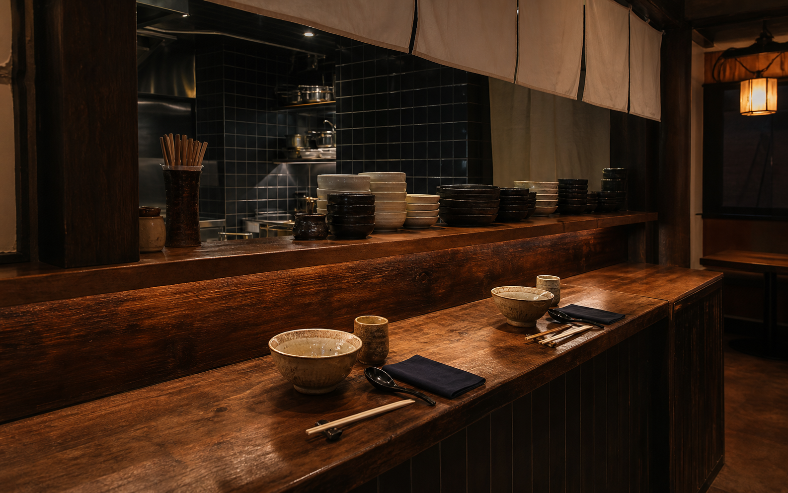 A quiet stool at Yamamoto's ramen counter