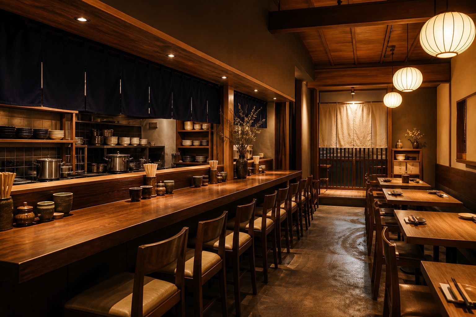Warm restaurant dining room with wood tables and soft lighting