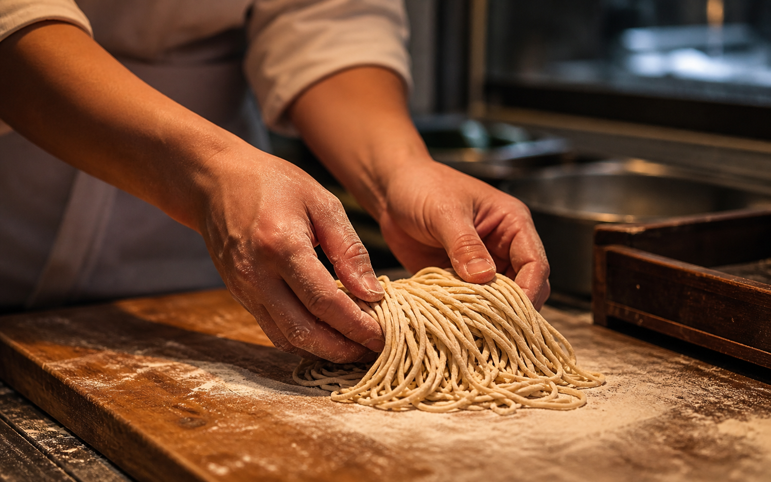 Fresh noodles being made by hand
