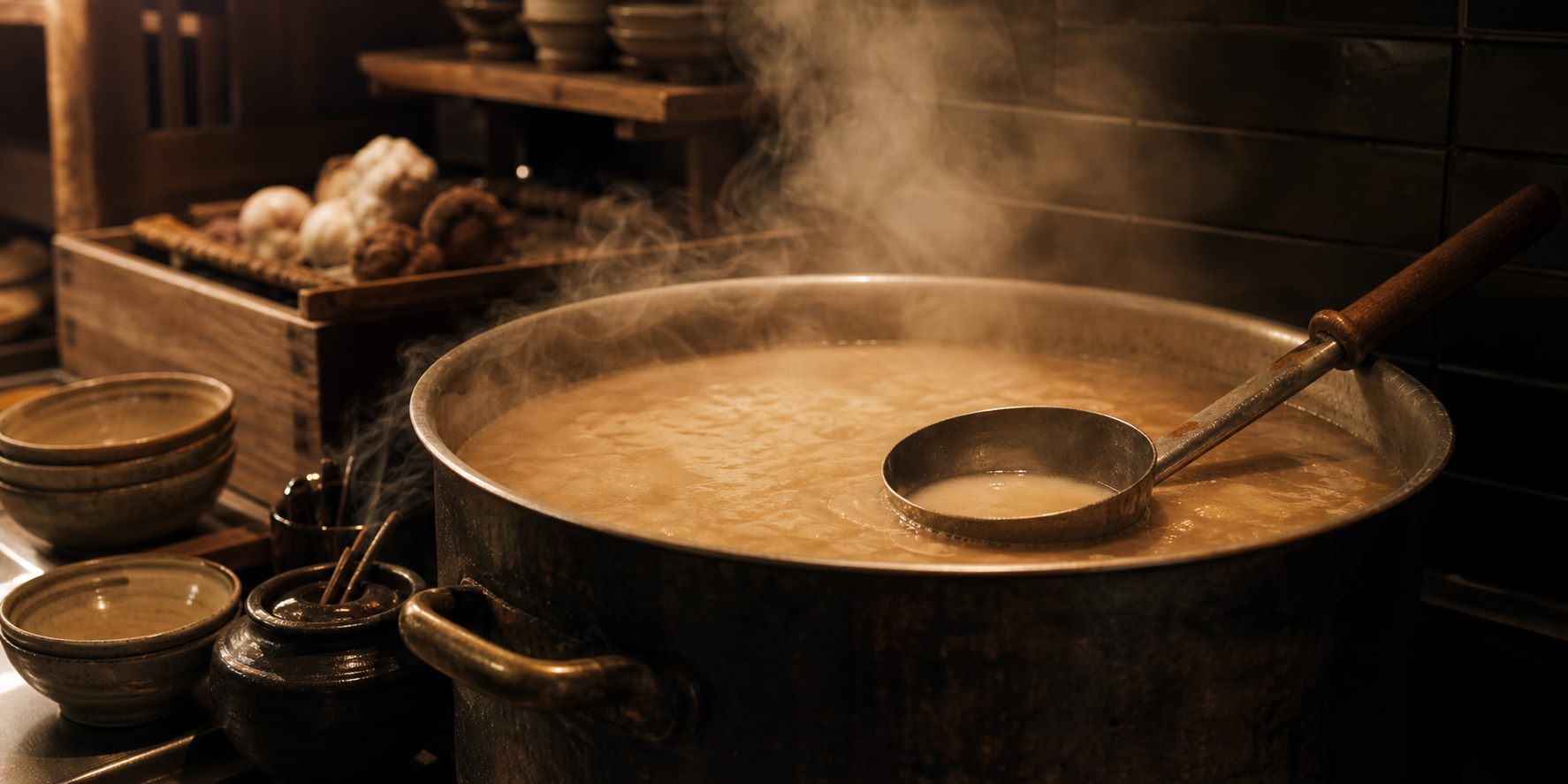 A warm pot of broth simmering in soft kitchen light