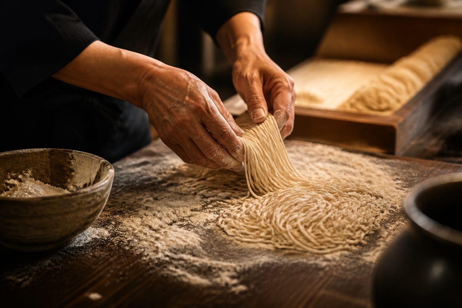 Fresh handmade noodles being prepared