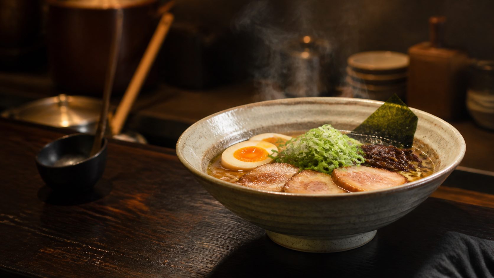 A finished bowl of ramen with steam and warm light