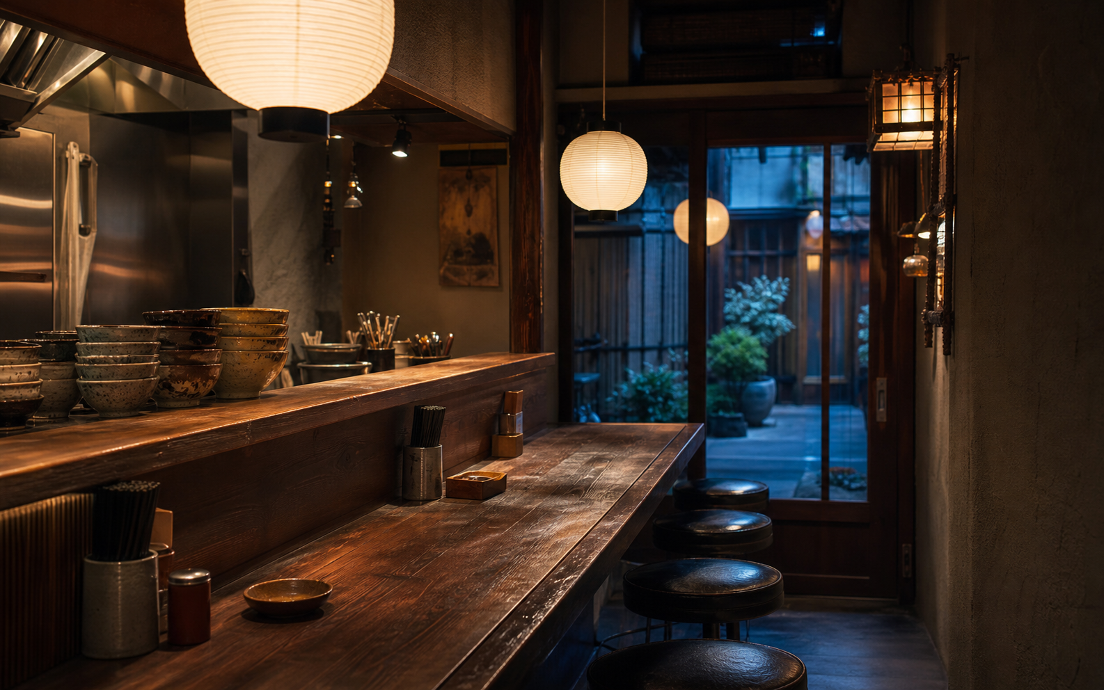 Inside Yamamoto: dark wood counter and paper lanterns at blue hour